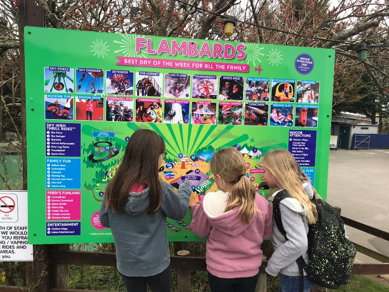 Girls looking at the site map for Flambards Theme Park, Cornwall